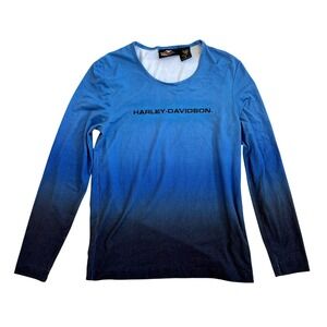 VTG! Harley Davidson Embroidered Ombre Blue Long Sleeve T Shirt S Y2K Biker‎ USA
